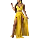 Women Sexy 2 Piece Outfits Dress Chiffon Strap Deep V Neck Bra Crop Top High Split Maxi Dresses Skirt Set