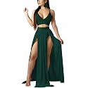 Women Sexy 2 Piece Outfits Dress Chiffon Strap Deep V Neck Bra Crop Top High Split Maxi Dresses Skirt Set