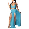 Women Sexy 2 Piece Outfits Dress Chiffon Strap Deep V Neck Bra Crop Top High Split Maxi Dresses Skirt Set
