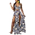Women Sexy 2 Piece Outfits Dress Chiffon Strap Deep V Neck Bra Crop Top High Split Maxi Dresses Skirt Set
