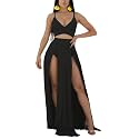 Women Sexy 2 Piece Outfits Dress Chiffon Strap Deep V Neck Bra Crop Top High Split Maxi Dresses Skirt Set