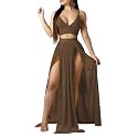 Women Sexy 2 Piece Outfits Dress Chiffon Strap Deep V Neck Bra Crop Top High Split Maxi Dresses Skirt Set