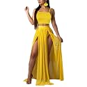 Women Sexy 2 Piece Outfits Dress Chiffon Strap Deep V Neck Bra Crop Top High Split Maxi Dresses Skirt Set