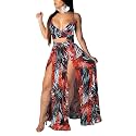 Women Sexy 2 Piece Outfits Dress Chiffon Strap Deep V Neck Bra Crop Top High Split Maxi Dresses Skirt Set