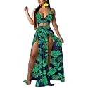Women Sexy 2 Piece Outfits Dress Chiffon Strap Deep V Neck Bra Crop Top High Split Maxi Dresses Skirt Set