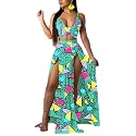 Women Sexy 2 Piece Outfits Dress Chiffon Strap Deep V Neck Bra Crop Top High Split Maxi Dresses Skirt Set