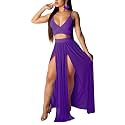 Women Sexy 2 Piece Outfits Dress Chiffon Strap Deep V Neck Bra Crop Top High Split Maxi Dresses Skirt Set