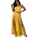 Women Sexy 2 Piece Outfits Dress Chiffon Strap Deep V Neck Bra Crop Top High Split Maxi Dresses Skirt Set