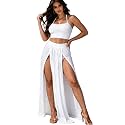 Women Sexy 2 Piece Outfits Dress Chiffon Strap Deep V Neck Bra Crop Top High Split Maxi Dresses Skirt Set
