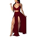 Women Sexy 2 Piece Outfits Dress Chiffon Strap Deep V Neck Bra Crop Top High Split Maxi Dresses Skirt Set