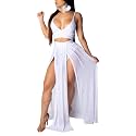 Women Sexy 2 Piece Outfits Dress Chiffon Strap Deep V Neck Bra Crop Top High Split Maxi Dresses Skirt Set