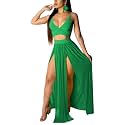 Women Sexy 2 Piece Outfits Dress Chiffon Strap Deep V Neck Bra Crop Top High Split Maxi Dresses Skirt Set