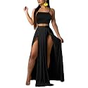 Women Sexy 2 Piece Outfits Dress Chiffon Strap Deep V Neck Bra Crop Top High Split Maxi Dresses Skirt Set