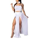 Women Sexy 2 Piece Outfits Dress Chiffon Strap Deep V Neck Bra Crop Top High Split Maxi Dresses Skirt Set