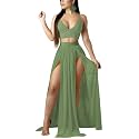 Women Sexy 2 Piece Outfits Dress Chiffon Strap Deep V Neck Bra Crop Top High Split Maxi Dresses Skirt Set
