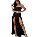 Women Sexy 2 Piece Outfits Dress Chiffon Strap Deep V Neck Bra Crop Top High Split Maxi Dresses Skirt Set