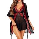 Women Sexy Lingerie Set 3 Piece Babydoll &amp; Lace Kimono Robe Strap Chemise Nightgown Mesh Sleepwear
