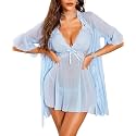 Women Sexy Lingerie Set 3 Piece Babydoll &amp; Lace Kimono Robe Strap Chemise Nightgown Mesh Sleepwear