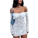 Women Sexy See Through Floral Lace Bodycon Mini Dress Y2k Skinny Long Sleeve Off Shoulder Mesh Lace Short Dress