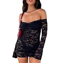 Women Sexy See Through Floral Lace Bodycon Mini Dress Y2k Skinny Long Sleeve Off Shoulder Mesh Lace Short Dress