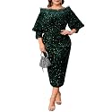 dasmzper Women Sexy Sequin Off The Shoulder Puff 3/4 Sleeve Bodycon Dress Formal Party Cocktail Evening Midi Dress