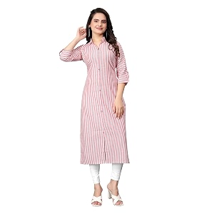Women Striped Cotton Straight Kurta Pink