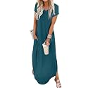 Jeqeocafy Women Summer Long Sundress Crewneck Short Sleeve Maxi Dress 2026 Casual Loose Beach Dress with Pockets