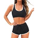 Women Two Piece Sporty Bikini Set Athletic Swimsuits with Boy Shorts Bottom