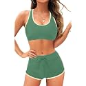 Women Two Piece Sporty Bikini Set Athletic Swimsuits with Boy Shorts Bottom