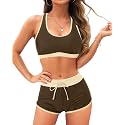 Women Two Piece Sporty Bikini Set Athletic Swimsuits with Boy Shorts Bottom