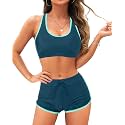 Women Two Piece Sporty Bikini Set Athletic Swimsuits with Boy Shorts Bottom