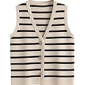 Women V Neck Sweater Vest Button Striped Knit Sleeveless Tops Summer Crop Crochet Tank Trendy Business Casual Outfits