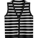 Women V Neck Sweater Vest Button Striped Knit Sleeveless Tops Summer Crop Crochet Tank Trendy Business Casual Outfits