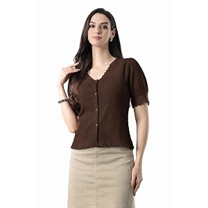 Women V Neck Top with Button Front