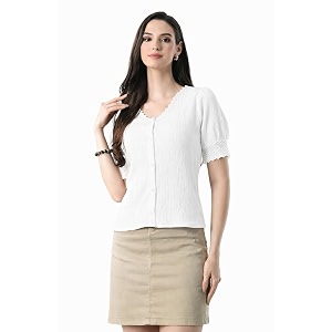 Women V Neck Top with Button Front