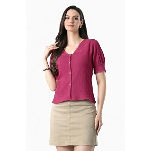Women V Neck Top with Button Front