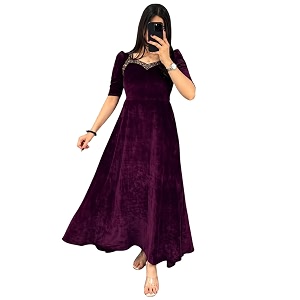 Women Velvet Gown Full Length Puff Sleeves