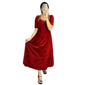 Women Velvet Gown Full Length Puff Sleeves