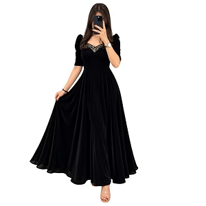 Women Velvet Gown Full Length Puff Sleeves
