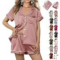 WJing Yi Jia Womens 3Pcs Floral Pajamas Sets Silk Satin Sleepwear XS~4XL Button Down Short Sleeve Shirt Pjs Loungewear
