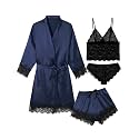Sexy Pajama Set for Women Silk Lingeries 4 Piece Pjs Robes Set Satin Cami Shorts Sleepwear Lace Floral Loungewear