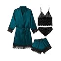 Sexy Pajama Set for Women Silk Lingeries 4 Piece Pjs Robes Set Satin Cami Shorts Sleepwear Lace Floral Loungewear
