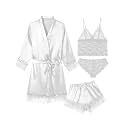 Sexy Pajama Set for Women Silk Lingeries 4 Piece Pjs Robes Set Satin Cami Shorts Sleepwear Lace Floral Loungewear