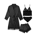 Sexy Pajama Set for Women Silk Lingeries 4 Piece Pjs Robes Set Satin Cami Shorts Sleepwear Lace Floral Loungewear