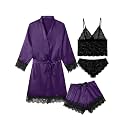 Sexy Pajama Set for Women Silk Lingeries 4 Piece Pjs Robes Set Satin Cami Shorts Sleepwear Lace Floral Loungewear
