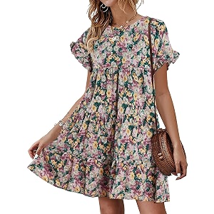Womens Babydoll Dress Summer Boho Print Ruffles