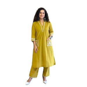 womens cotton slub 34 sleeves v neck co-ord set featuring floral print design on the hem of the sleeves and on the pockets 2 piece ethnic wear