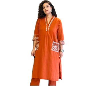 womens cotton slub 34 sleeves v neck co-ord set featuring floral print design on the hem of the sleeves and on the pockets 2 piece ethnic wear