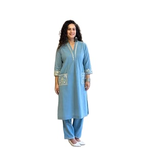 womens cotton slub 34 sleeves v neck co-ord set featuring floral print design on the hem of the sleeves and on the pockets 2 piece ethnic wear