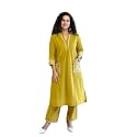 Womens Cotton Slub 3/4 Sleeves V Neck Co-Ord Set Featuring Floral Print Design On The Hem of The Sleeves and On The Pockets 2 Piece Ethnic Wear